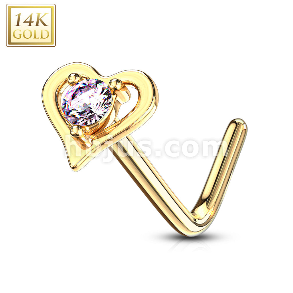 14KT  Gold 14Kt. Gold L Bend Nose Ring with Prong Set Round CZ Center... - Image 7