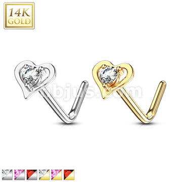 14KT  Gold 14Kt. Gold L Bend Nose Ring with Prong Set Round CZ Center... - Image 2