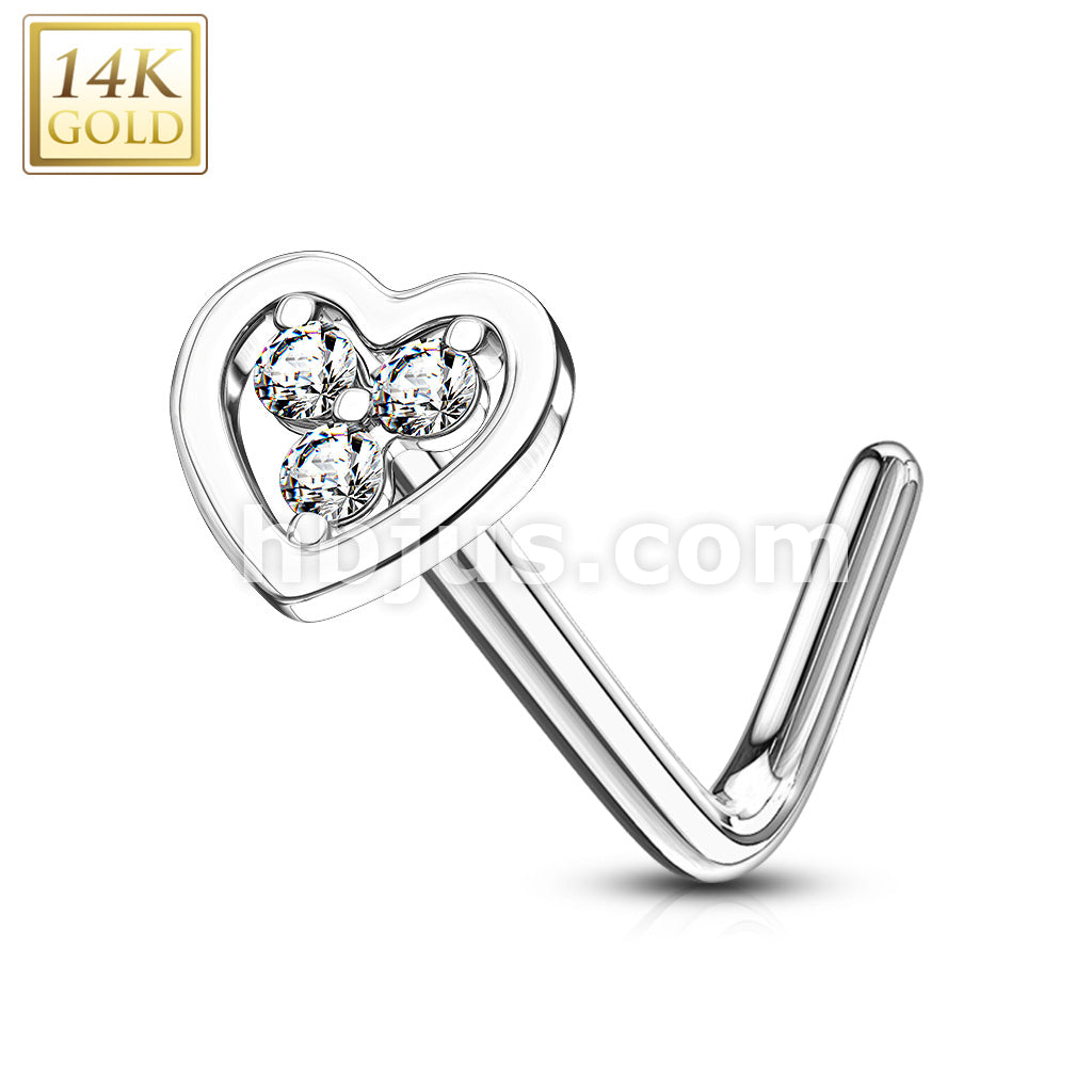 14KT  Gold 14Kt. Gold L Bend Nose Ring with Tri Stacked Round CZ Center... - Image 3