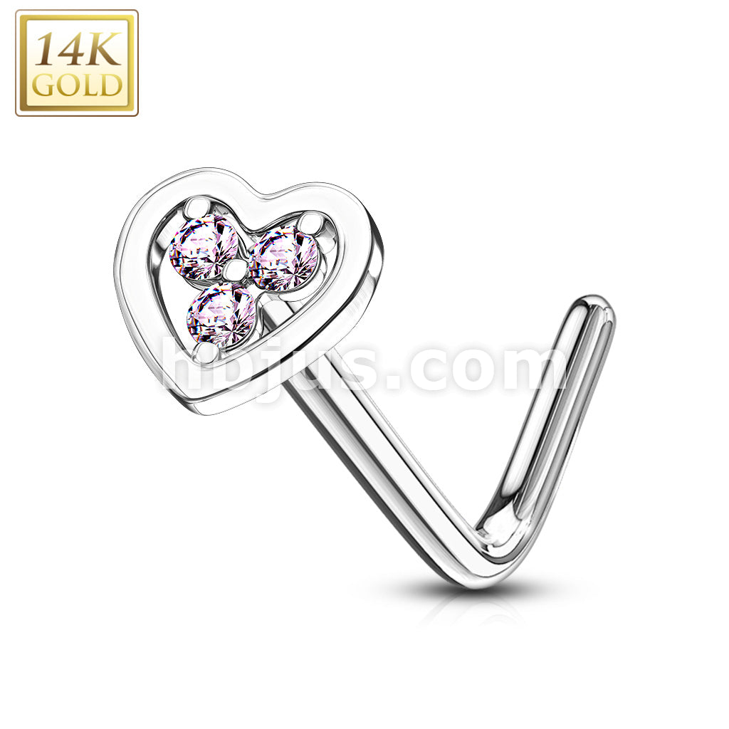 14KT  Gold 14Kt. Gold L Bend Nose Ring with Tri Stacked Round CZ Center... - Image 4