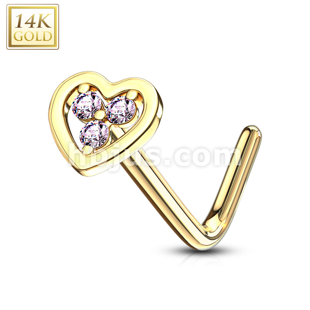 14KT  Gold 14Kt. Gold L Bend Nose Ring with Tri Stacked Round CZ Center... - Image 7
