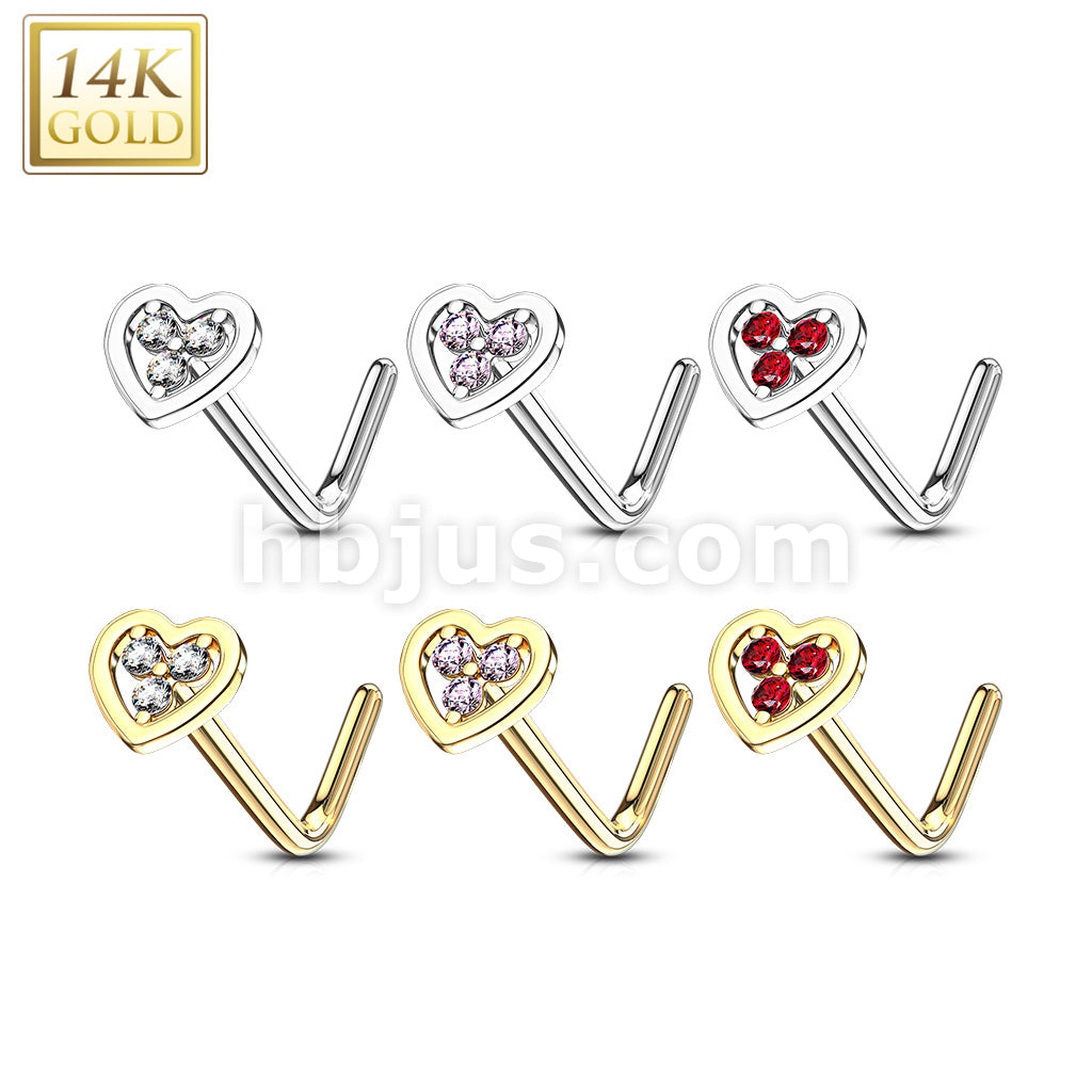 14KT  Gold 14Kt. Gold L Bend Nose Ring with Tri Stacked Round CZ Center... - Image 9