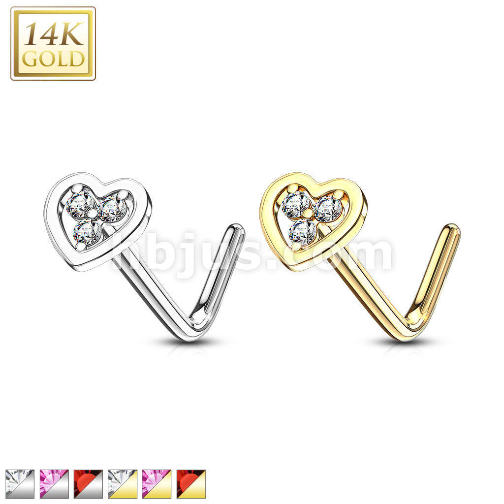14KT  Gold 14Kt. Gold L Bend Nose Ring with Tri Stacked Round CZ Center... - Image 2