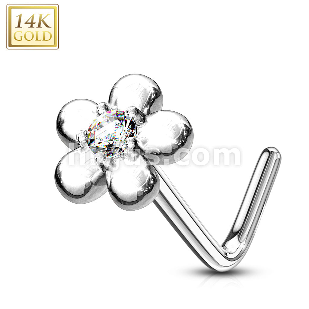 14KT  Gold 14Kt. Gold L Bend Nose Ring with CZ Centered Five Petal Flower - Image 3