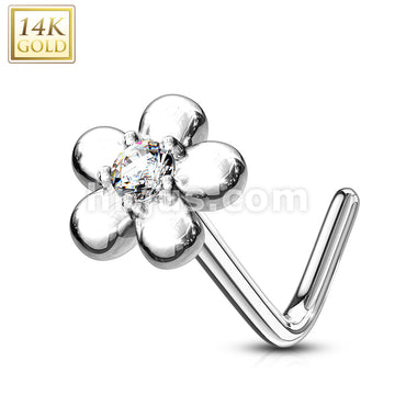 14KT  Gold 14Kt. Gold L Bend Nose Ring with CZ Centered Five Petal Flower - Image 3