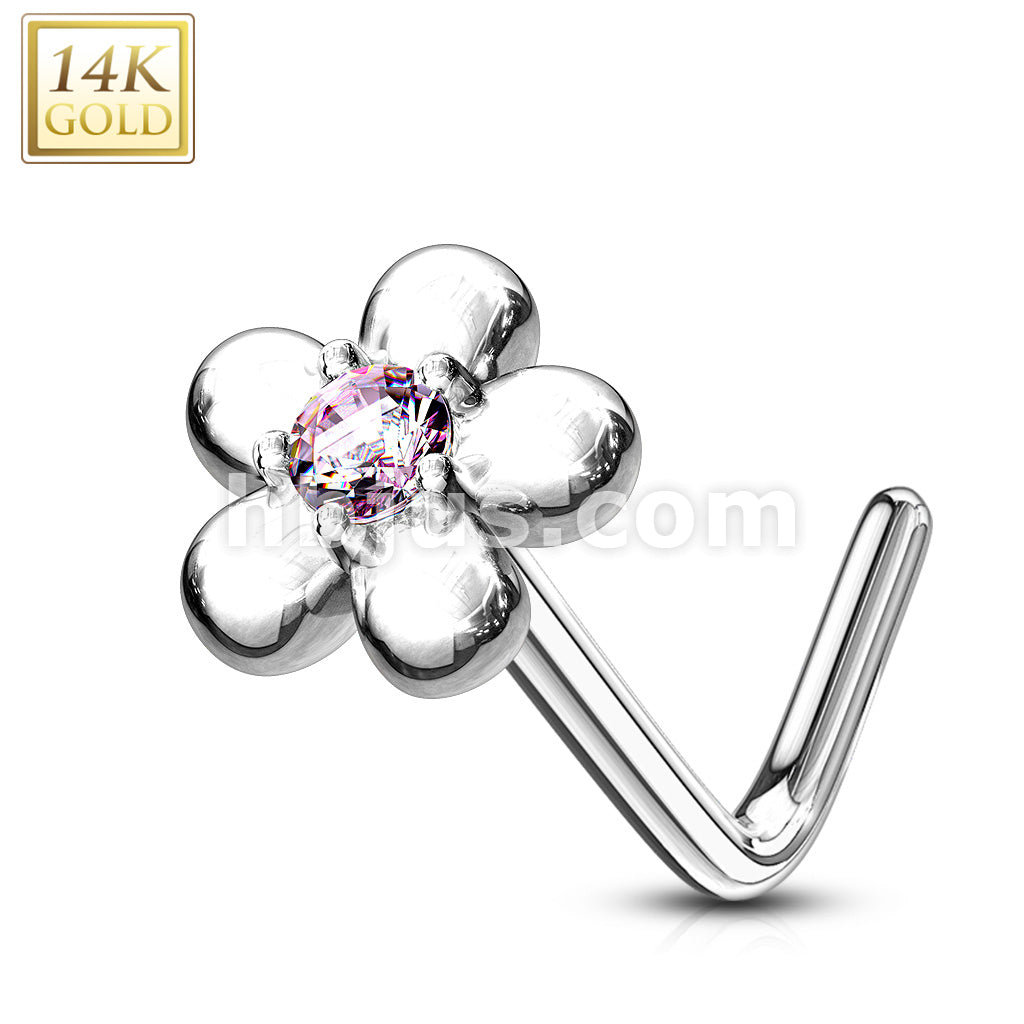 14KT  Gold 14Kt. Gold L Bend Nose Ring with CZ Centered Five Petal Flower - Image 4