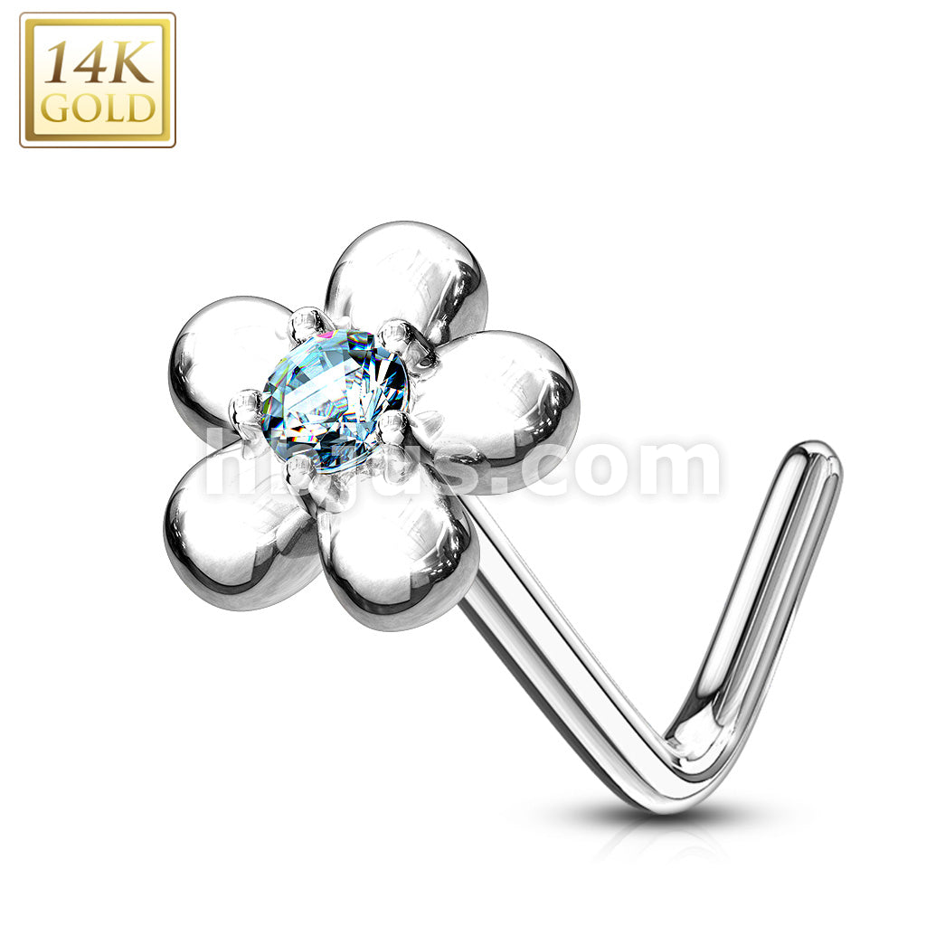 14KT  Gold 14Kt. Gold L Bend Nose Ring with CZ Centered Five Petal Flower - Image 5