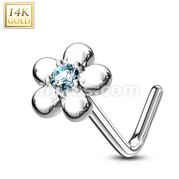 14KT  Gold 14Kt. Gold L Bend Nose Ring with CZ Centered Five Petal Flower - Image 5