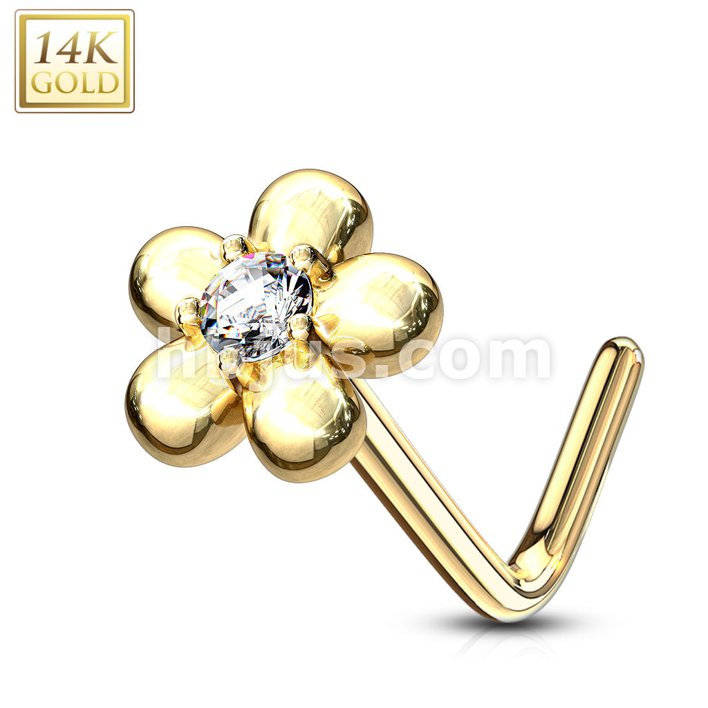 14KT  Gold 14Kt. Gold L Bend Nose Ring with CZ Centered Five Petal Flower - Image 6