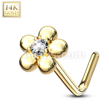 14KT  Gold 14Kt. Gold L Bend Nose Ring with CZ Centered Five Petal Flower - Image 6
