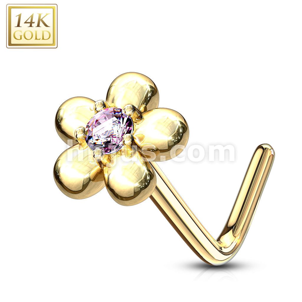 14KT  Gold 14Kt. Gold L Bend Nose Ring with CZ Centered Five Petal Flower - Image 7
