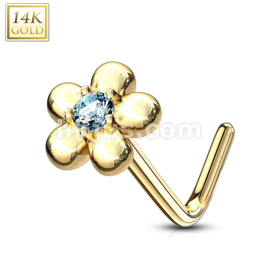 14KT  Gold 14Kt. Gold L Bend Nose Ring with CZ Centered Five Petal Flower - Image 8