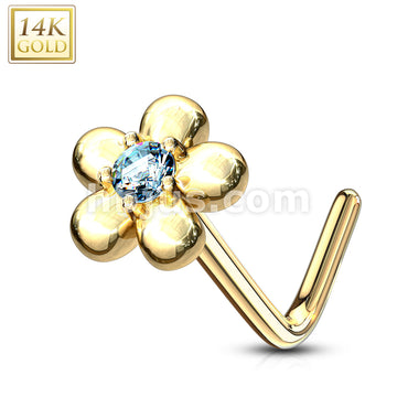 14KT  Gold 14Kt. Gold L Bend Nose Ring with CZ Centered Five Petal Flower - Image 8