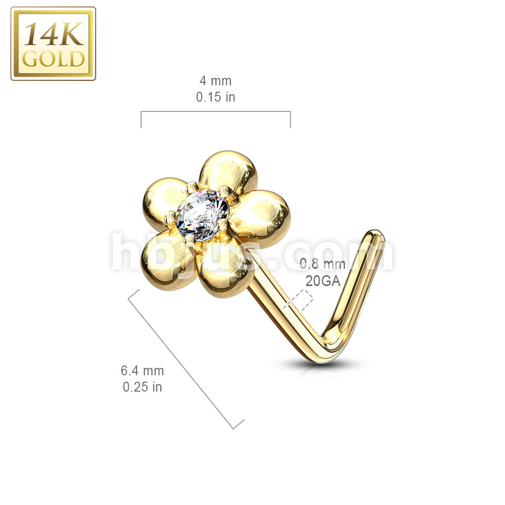 14KT  Gold 14Kt. Gold L Bend Nose Ring with CZ Centered Five Petal Flower - Image 9