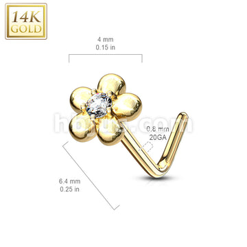 14KT  Gold 14Kt. Gold L Bend Nose Ring with CZ Centered Five Petal Flower - Image 9