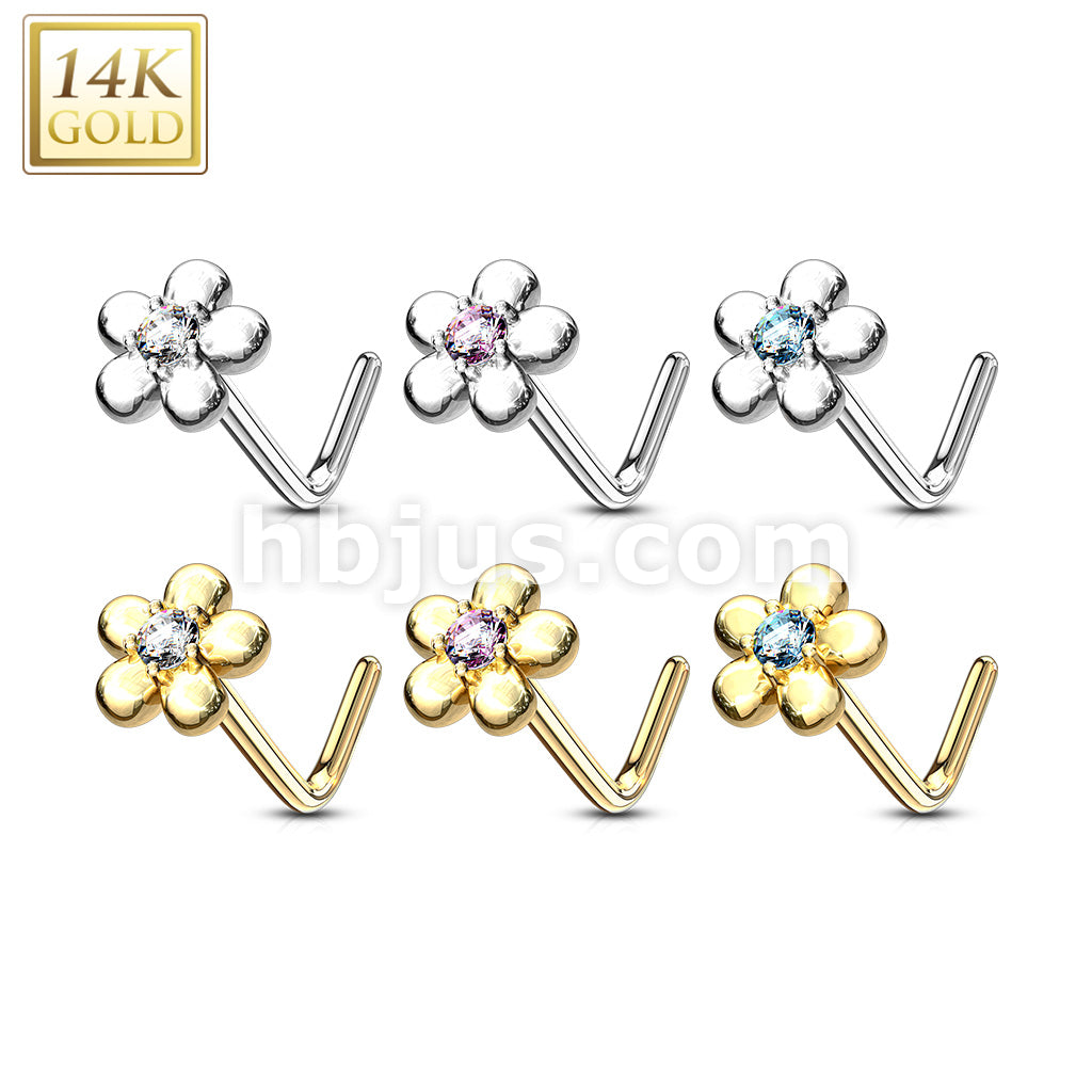 14KT  Gold 14Kt. Gold L Bend Nose Ring with CZ Centered Five Petal Flower - Image 10