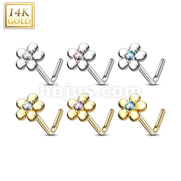 14KT  Gold 14Kt. Gold L Bend Nose Ring with CZ Centered Five Petal Flower - Image 10