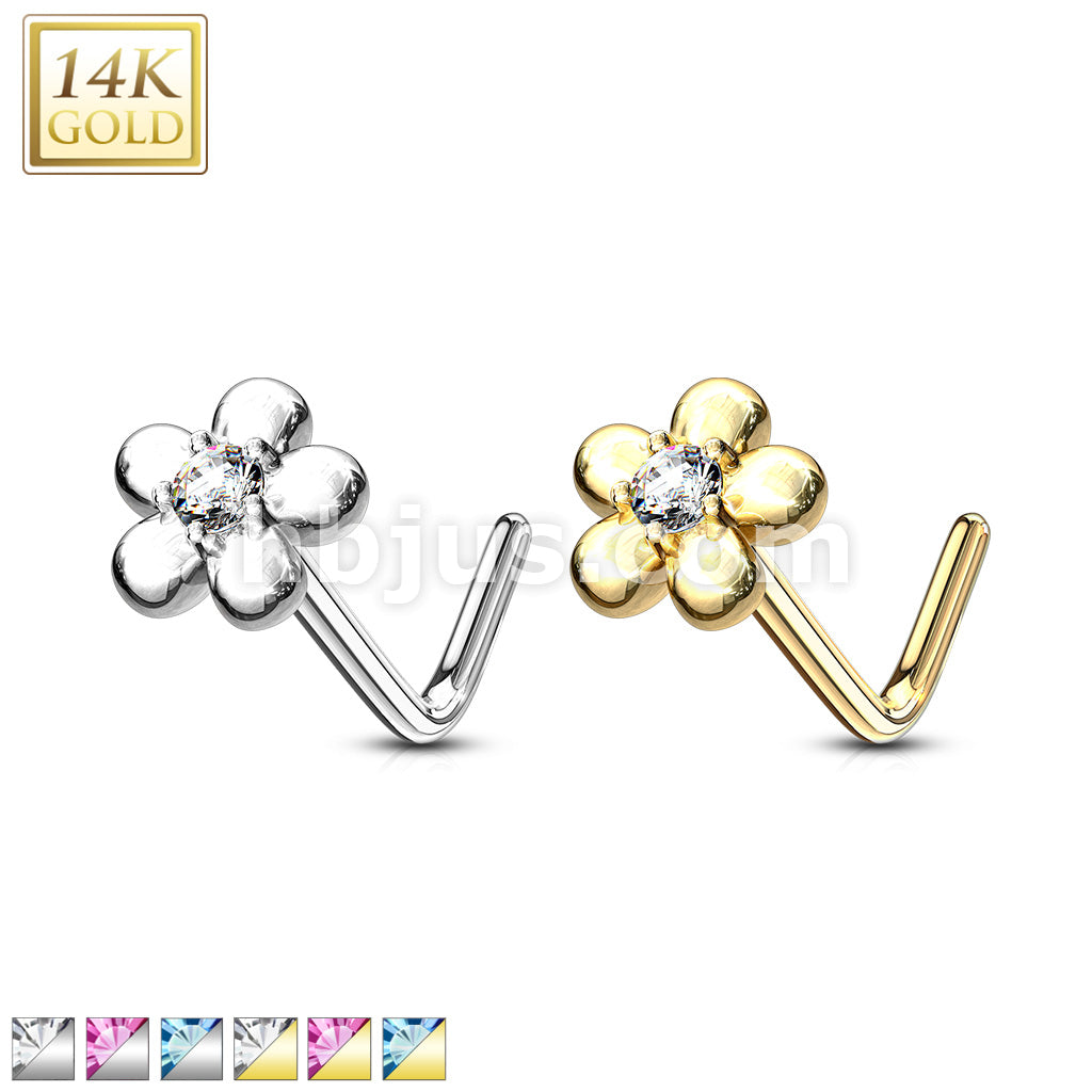 14KT  Gold 14Kt. Gold L Bend Nose Ring with CZ Centered Five Petal Flower - Image 2