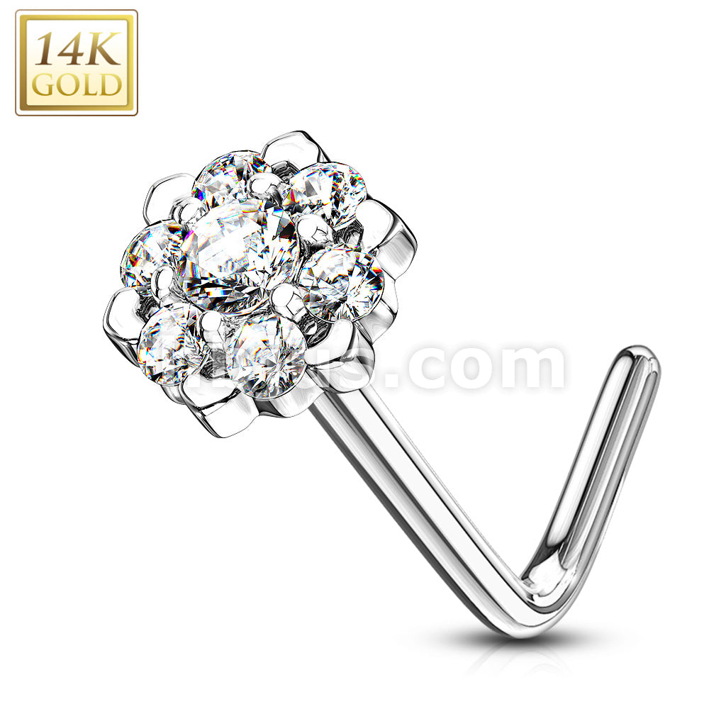 14KT  Gold 14Kt. Gold L Bend Nose Ring with Prong Set CZ Centered Gem... - Image 3