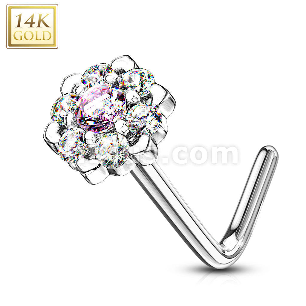 14KT  Gold 14Kt. Gold L Bend Nose Ring with Prong Set CZ Centered Gem... - Image 4