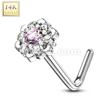 14KT  Gold 14Kt. Gold L Bend Nose Ring with Prong Set CZ Centered Gem... - Image 4