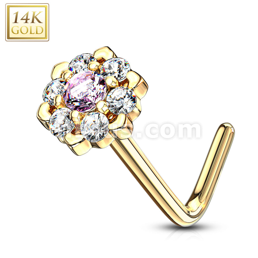14KT  Gold 14Kt. Gold L Bend Nose Ring with Prong Set CZ Centered Gem... - Image 8