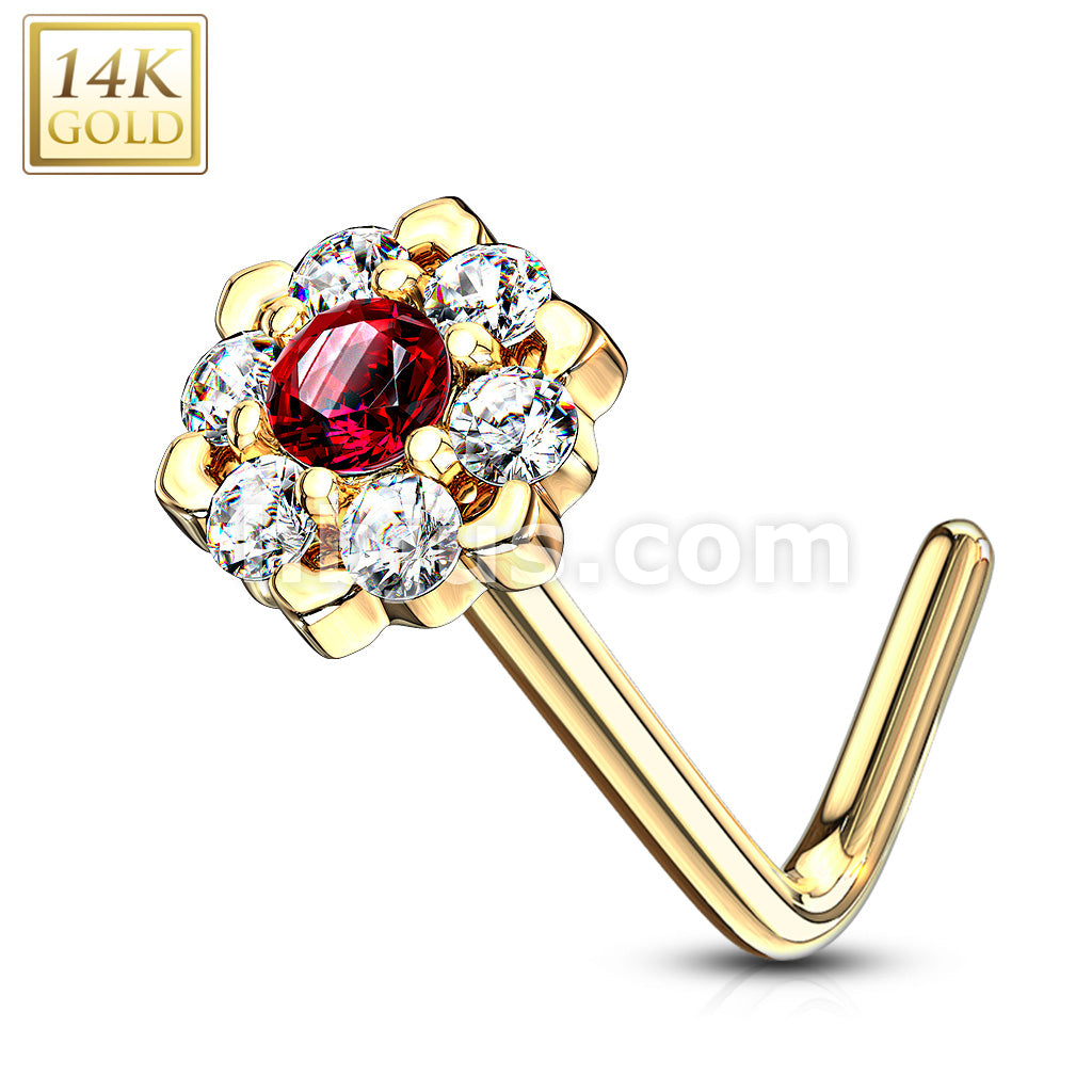 14KT  Gold 14Kt. Gold L Bend Nose Ring with Prong Set CZ Centered Gem... - Image 10