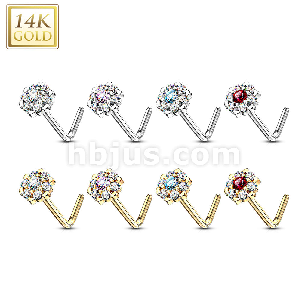 14KT  Gold 14Kt. Gold L Bend Nose Ring with Prong Set CZ Centered Gem... - Image 12