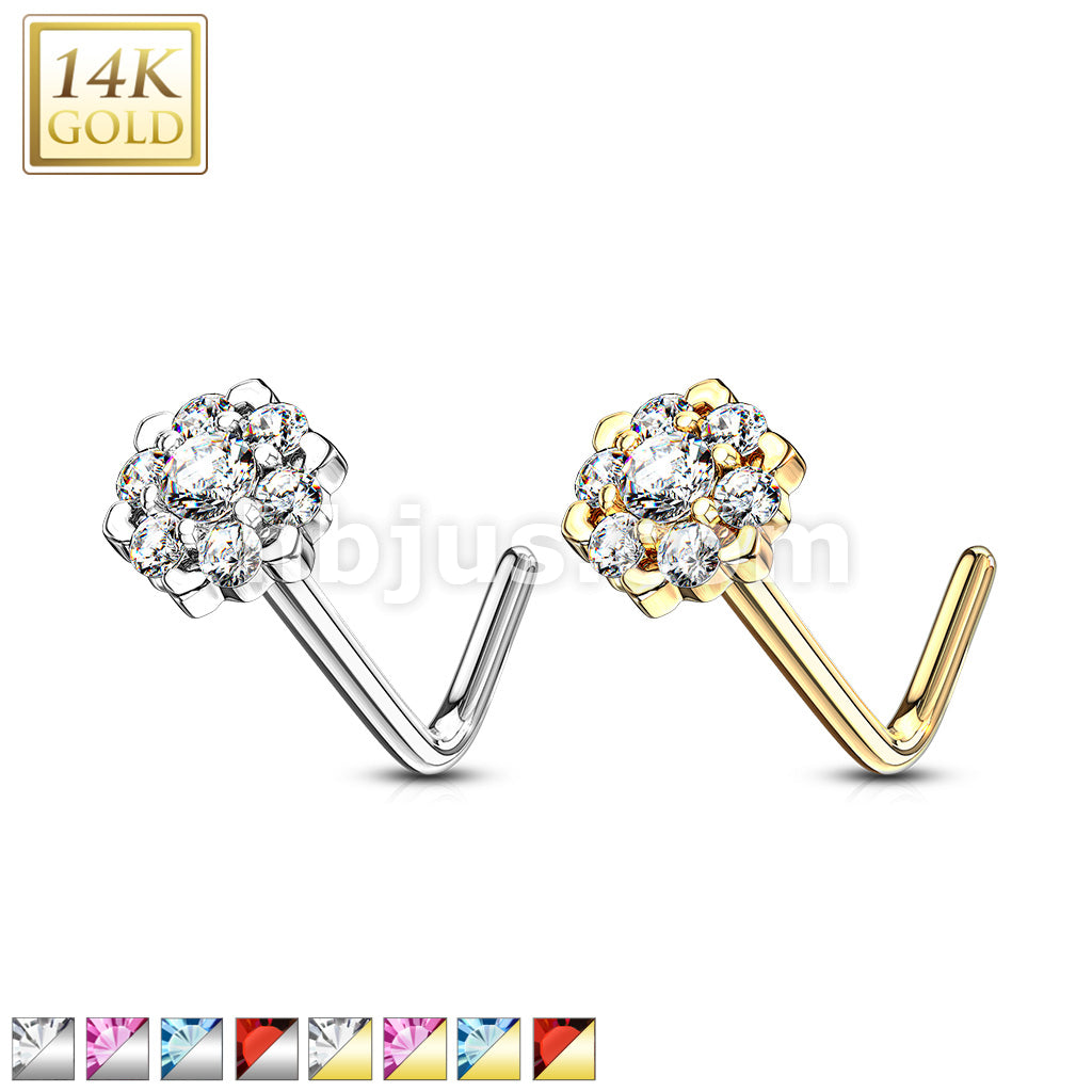 14KT  Gold 14Kt. Gold L Bend Nose Ring with Prong Set CZ Centered Gem... - Image 2