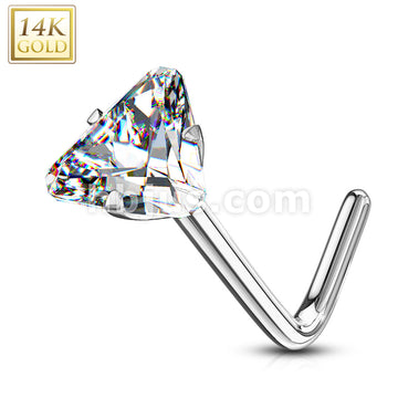 14KT  Gold 14Kt. Gold L Bend Nose Ring with Prong Set Triangle CZ - Image 3