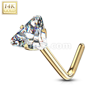 14KT  Gold 14Kt. Gold L Bend Nose Ring with Prong Set Triangle CZ - Image 4