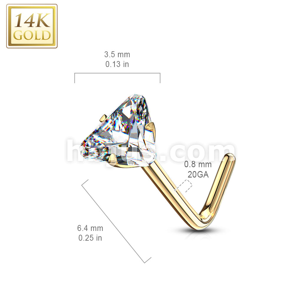 14KT  Gold 14Kt. Gold L Bend Nose Ring with Prong Set Triangle CZ - Image 5