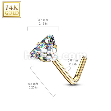 14KT  Gold 14Kt. Gold L Bend Nose Ring with Prong Set Triangle CZ - Image 5