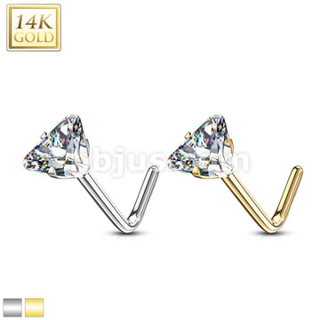 14KT  Gold 14Kt. Gold L Bend Nose Ring with Prong Set Triangle CZ - Image 2