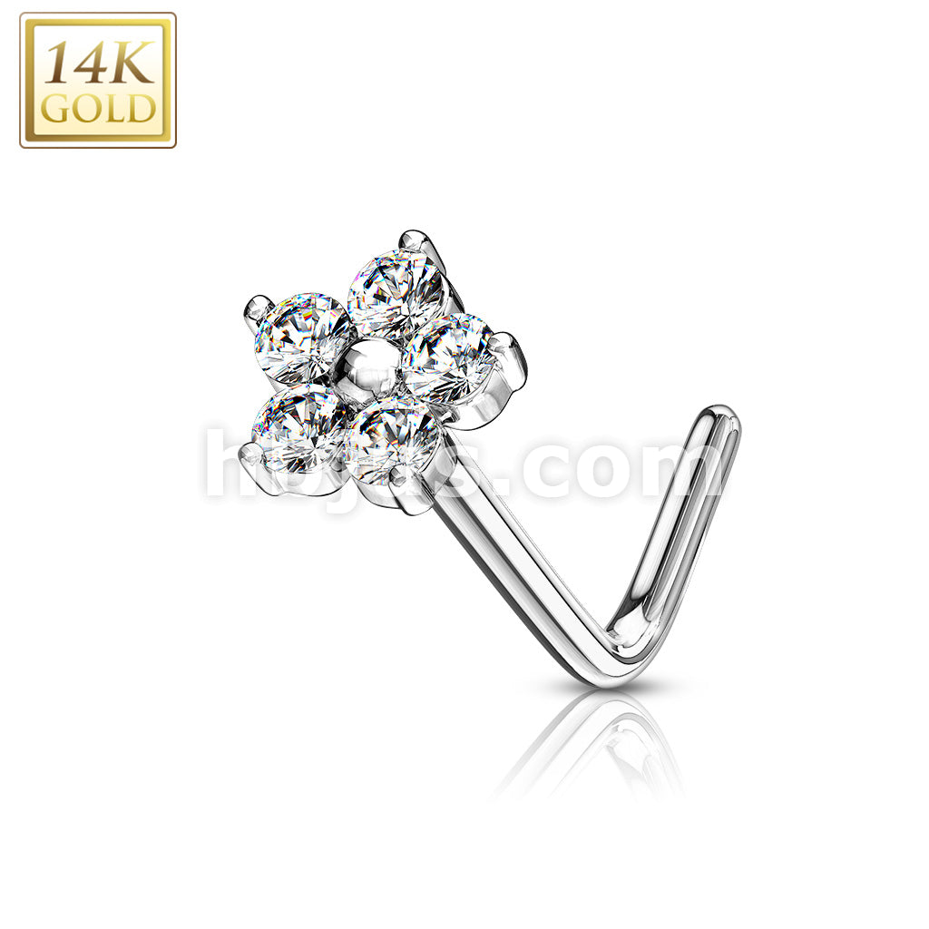 14KT  Gold 14K Gold L Bend Nose Stud Rings with CZ Flower Top - Image 3