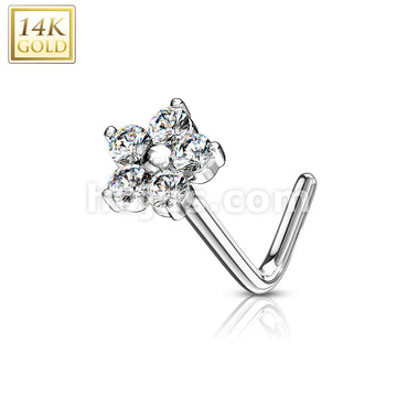 14KT  Gold 14K Gold L Bend Nose Stud Rings with CZ Flower Top - Image 3