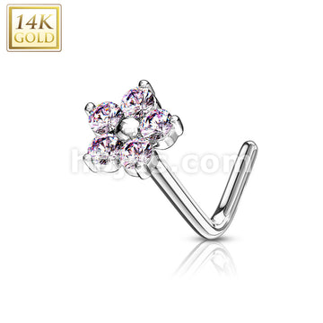 14KT  Gold 14K Gold L Bend Nose Stud Rings with CZ Flower Top - Image 4