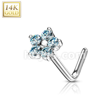 14KT  Gold 14K Gold L Bend Nose Stud Rings with CZ Flower Top - Image 5
