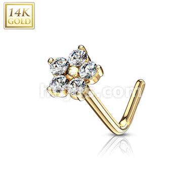 14KT  Gold 14K Gold L Bend Nose Stud Rings with CZ Flower Top - Image 6
