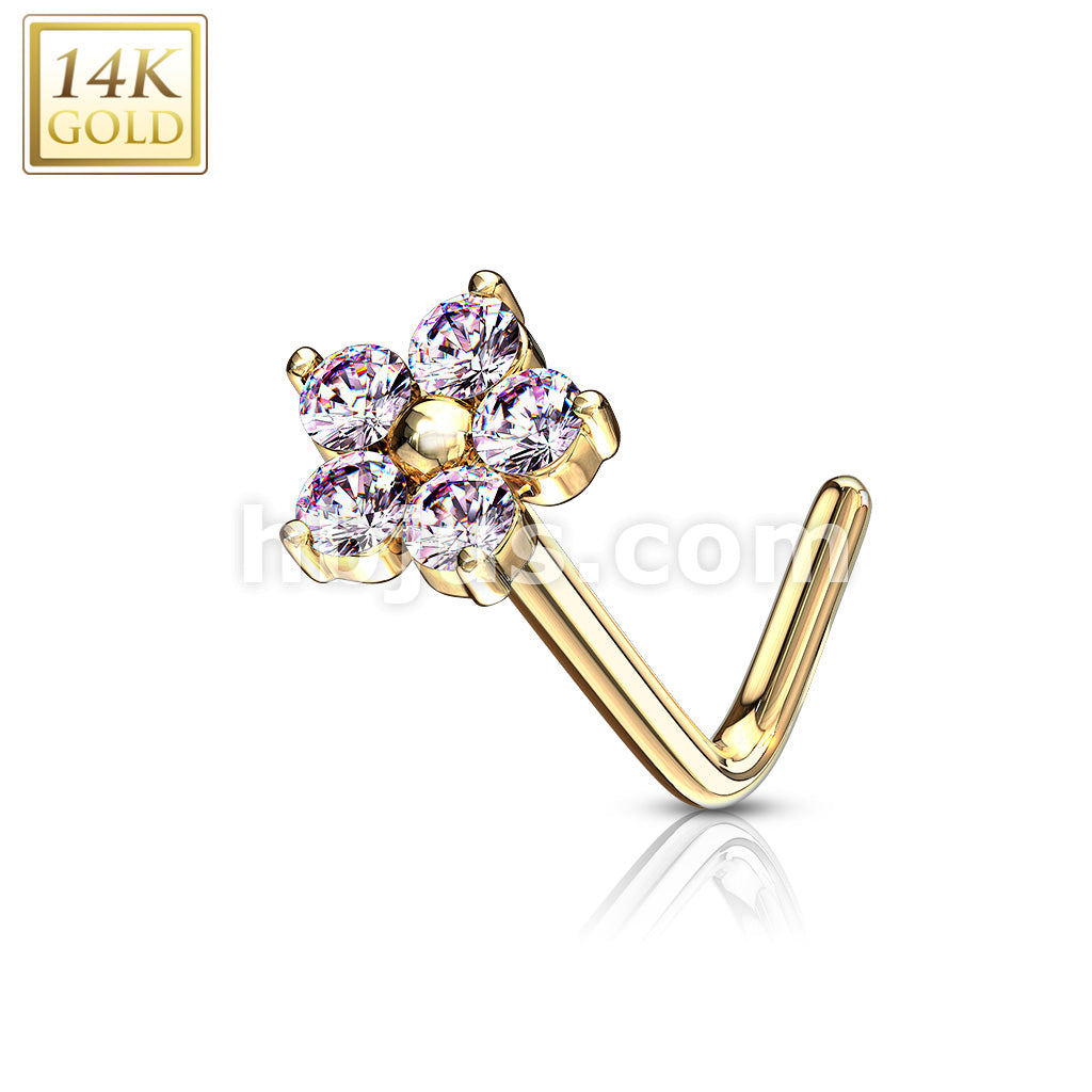 14KT  Gold 14K Gold L Bend Nose Stud Rings with CZ Flower Top - Image 7