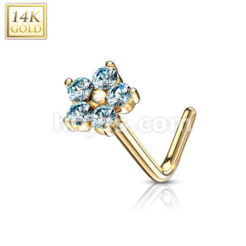 14KT  Gold 14K Gold L Bend Nose Stud Rings with CZ Flower Top - Image 8