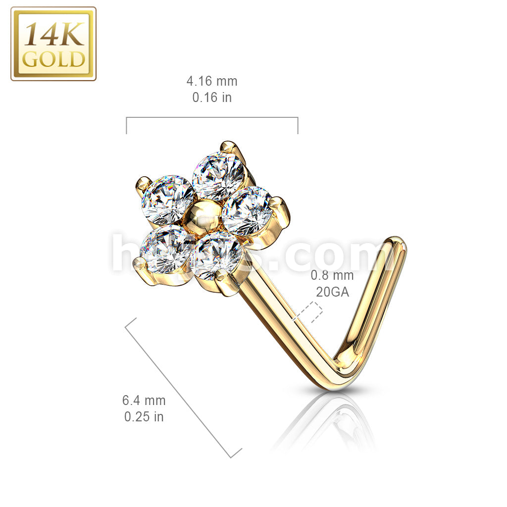 14KT  Gold 14K Gold L Bend Nose Stud Rings with CZ Flower Top - Image 9