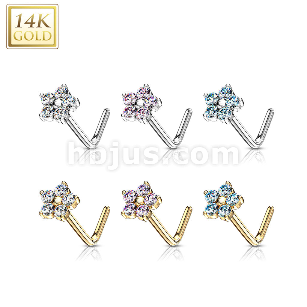 14KT  Gold 14K Gold L Bend Nose Stud Rings with CZ Flower Top - Image 10