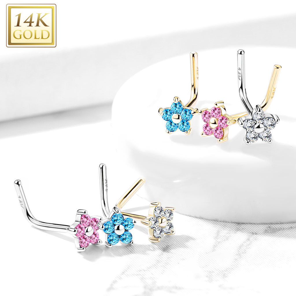 14KT Gold 14K Gold L Bend Nose Stud Rings with CZ Flower Top