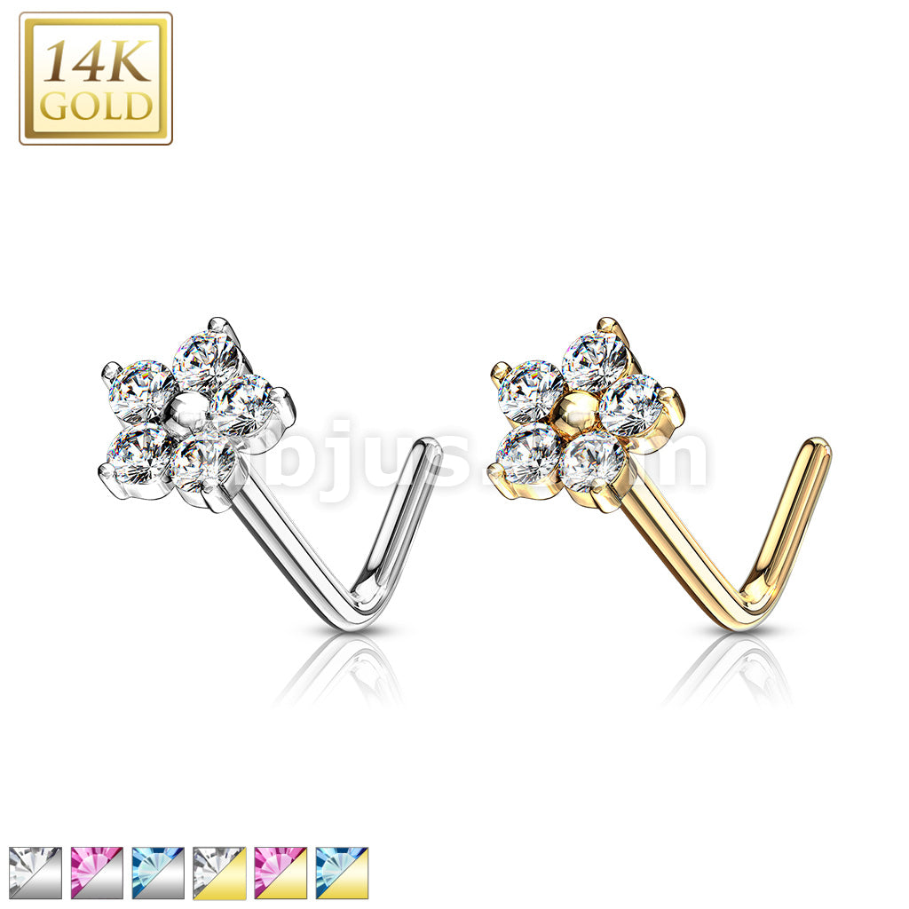 14KT  Gold 14K Gold L Bend Nose Stud Rings with CZ Flower Top - Image 2