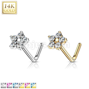 14KT  Gold 14K Gold L Bend Nose Stud Rings with CZ Flower Top - Image 2