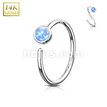 14KT  Gold 14 Kt. Gold Nose Hoop with Bezel Set Opal - Image 2
