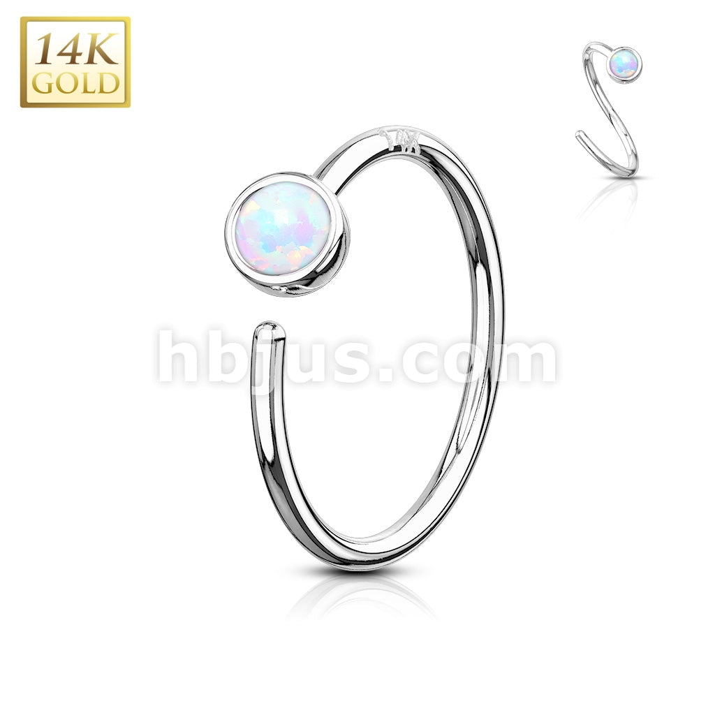 14KT  Gold 14 Kt. Gold Nose Hoop with Bezel Set Opal - Image 3