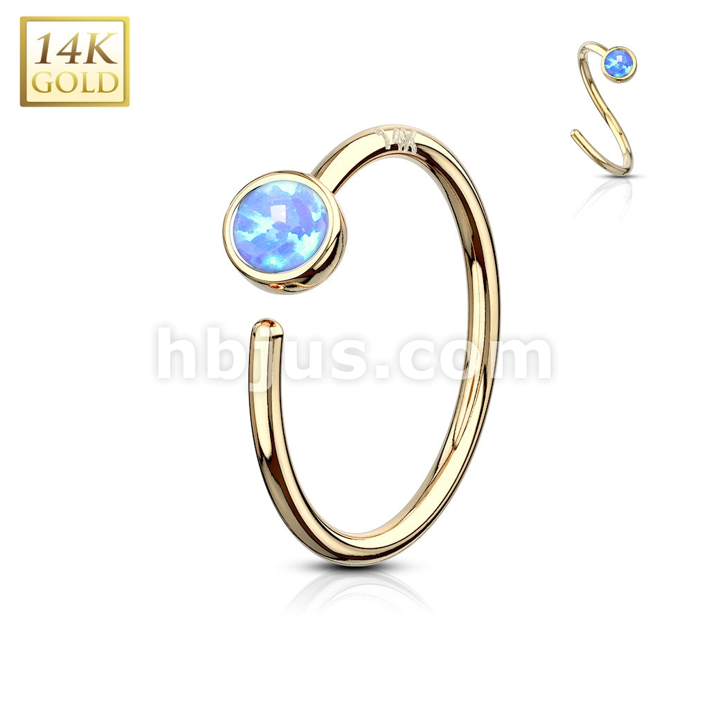 14KT  Gold 14 Kt. Gold Nose Hoop with Bezel Set Opal - Image 4