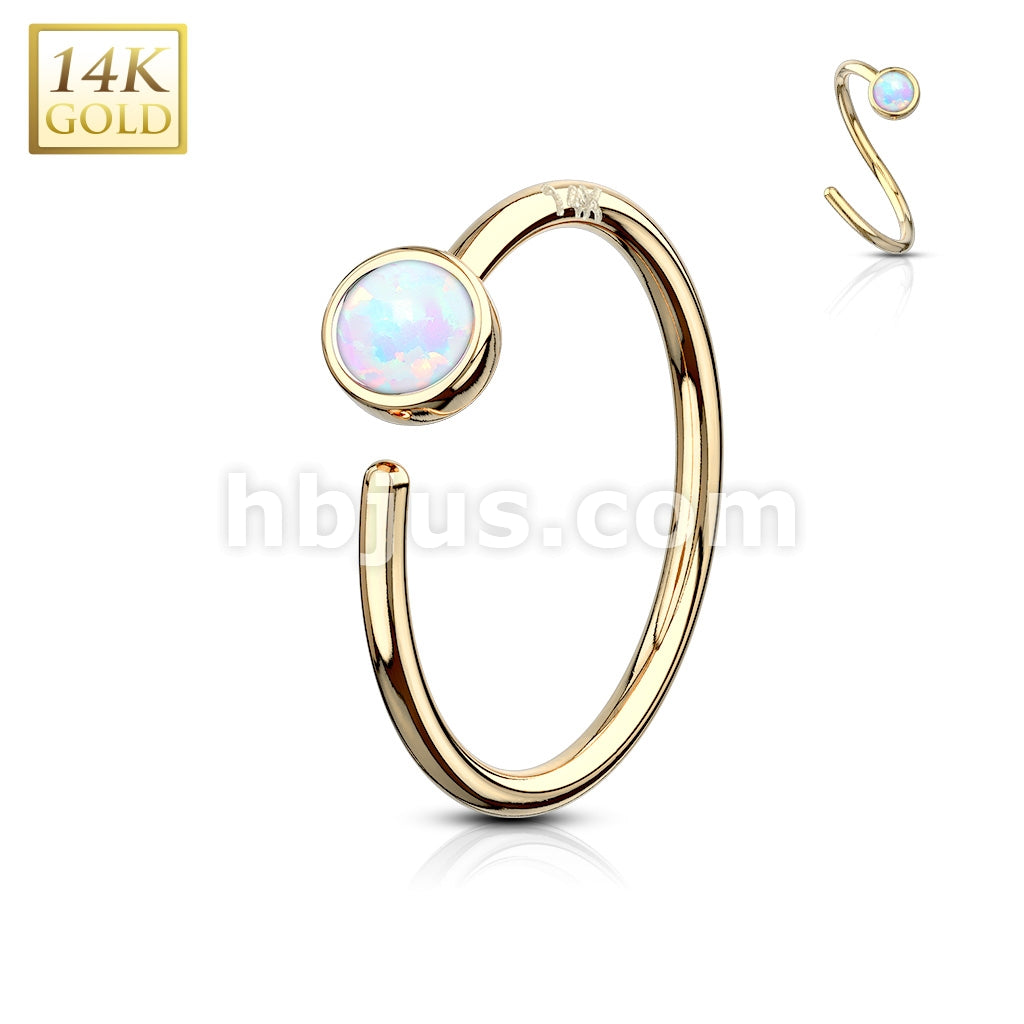 14KT  Gold 14 Kt. Gold Nose Hoop with Bezel Set Opal - Image 5